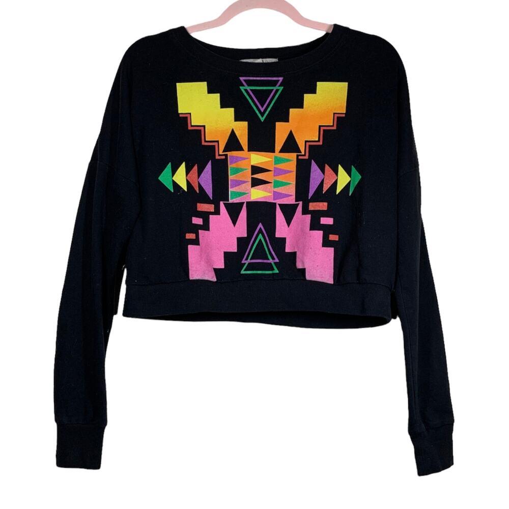 FOREVER21 Black Rainbow Aztec Long Sleeve Cropped Sweatshirt S/P